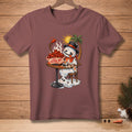 Melting snowman in a top hat eats extra hot chicken wings with a palm tree and sun.