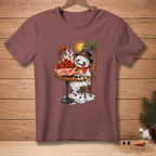 Melting snowman in a top hat eats extra hot chicken wings with a palm tree and sun.