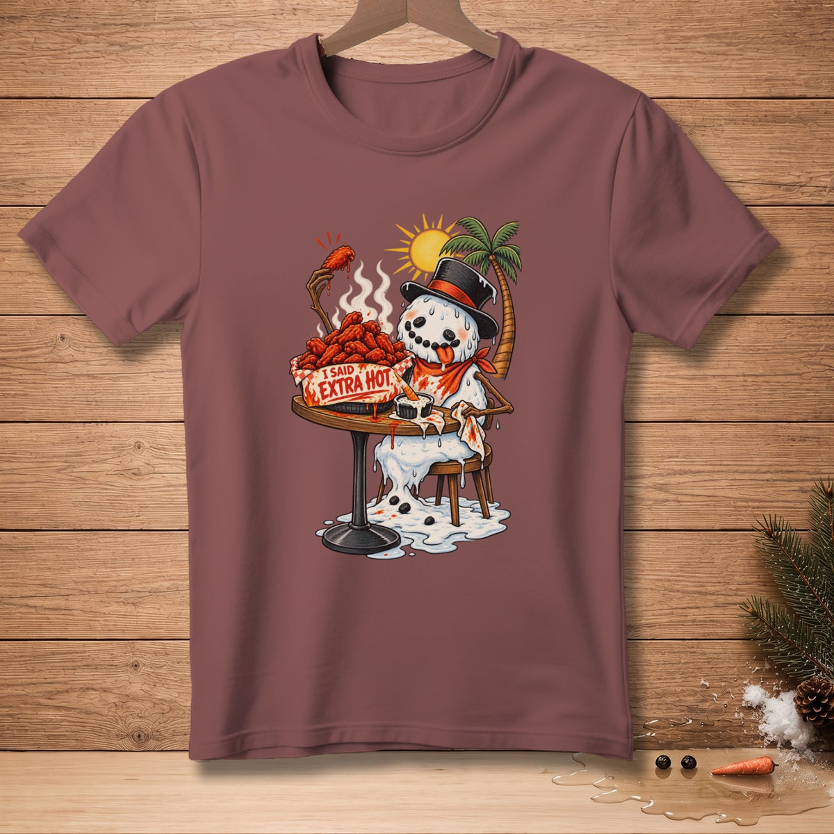 Melting snowman in a top hat eats extra hot chicken wings with a palm tree and sun.