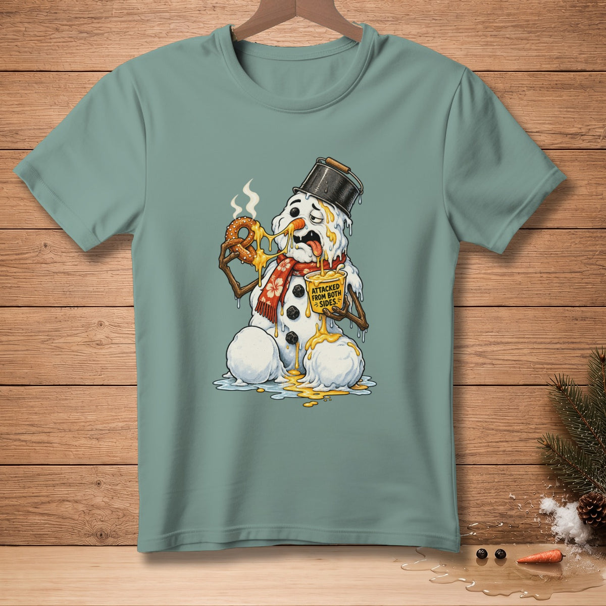 Melting snowman holding pretzel with cheese and yellow sign that says "attacked from both sides".