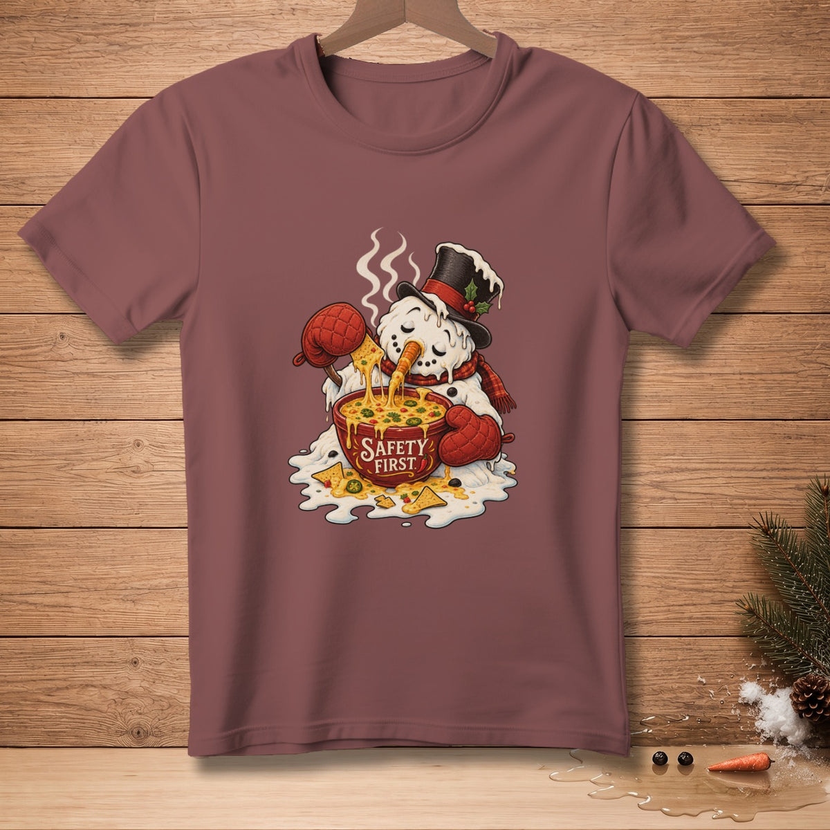 Melting snowman with oven mitts eating cheese dip that says "SAFETY FIRST".