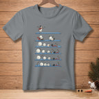 Snowmen failing to stack on shelves, one successfully balances.