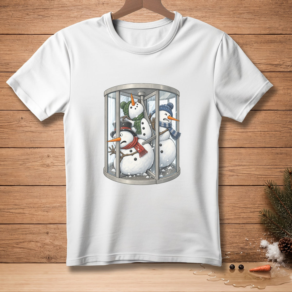 Three snowmen trapped in a revolving door on a white t-shirt.
