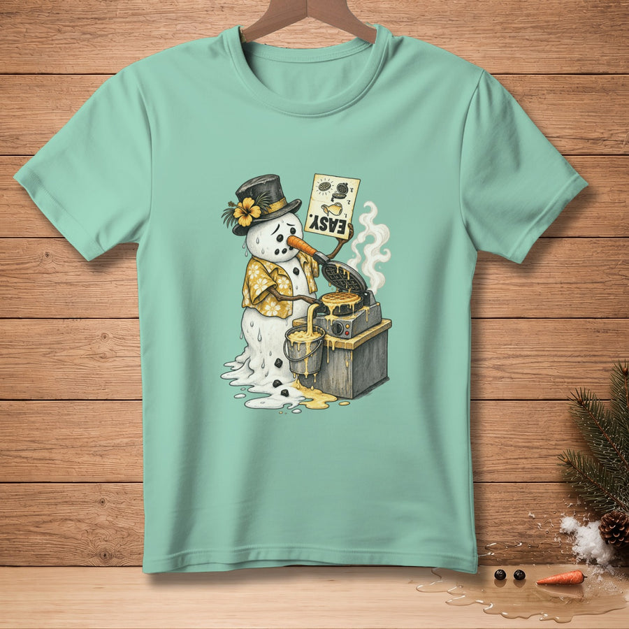 Snowman wearing a hat and Hawaiian shirt makes waffles, holding a sign that says "EASY."