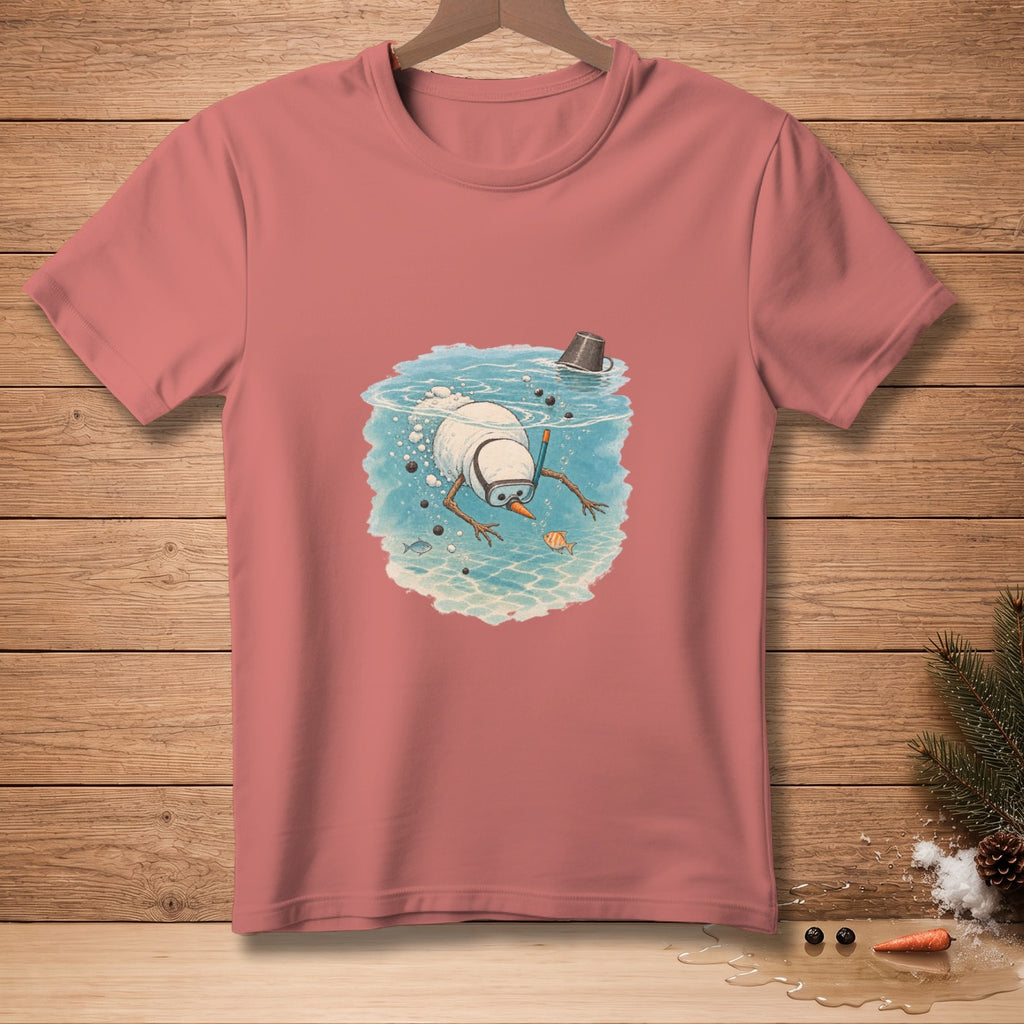Snowman with snorkel diving underwater with fish and a bucket.