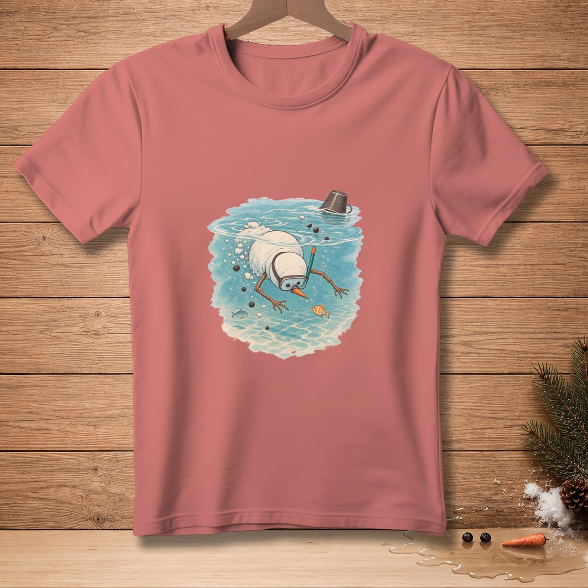 Snowman with snorkel diving underwater with fish and a bucket.