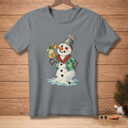 Melting snowman wearing Hawaiian shirt and lei, holding a cocktail.