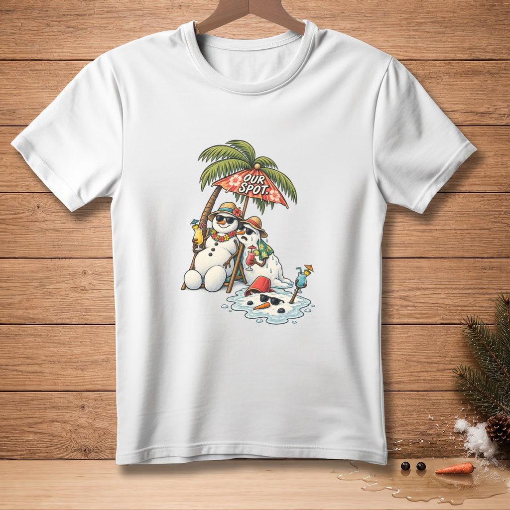 Two melting snowmen with sunglasses and drinks sit under a palm tree with "Our Spot" umbrella.