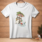Two melting snowmen with sunglasses and drinks sit under a palm tree with "Our Spot" umbrella.