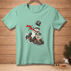 Snowman in go-kart with red scarf, sunglasses, bucket hat, and "BORN TO DRIVE" text.