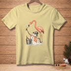 A flamingo offers a wine glass to a melting snowman wearing sunglasses and a scarf.