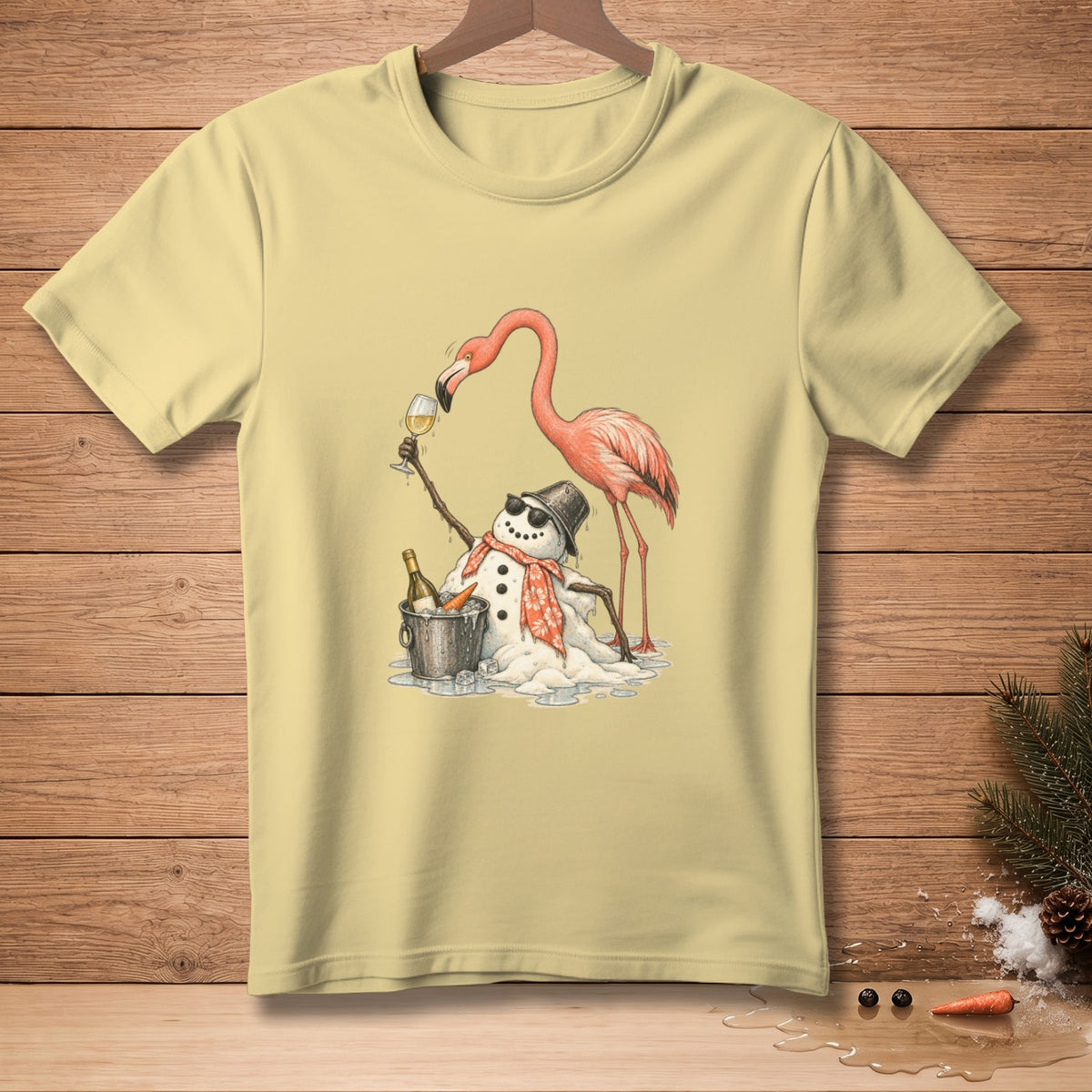 A flamingo offers a wine glass to a melting snowman wearing sunglasses and a scarf.