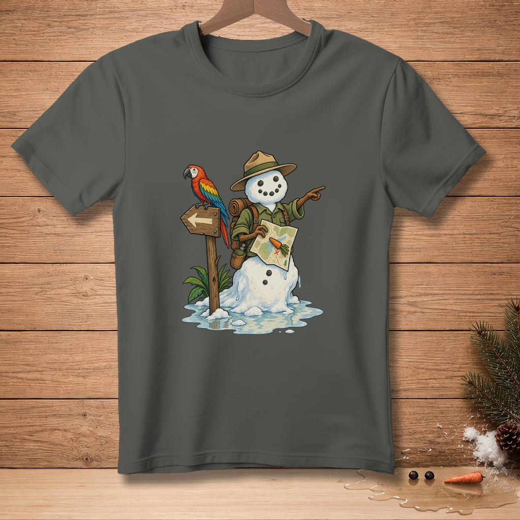Snowman explorer with parrot and map points direction near melting puddle.