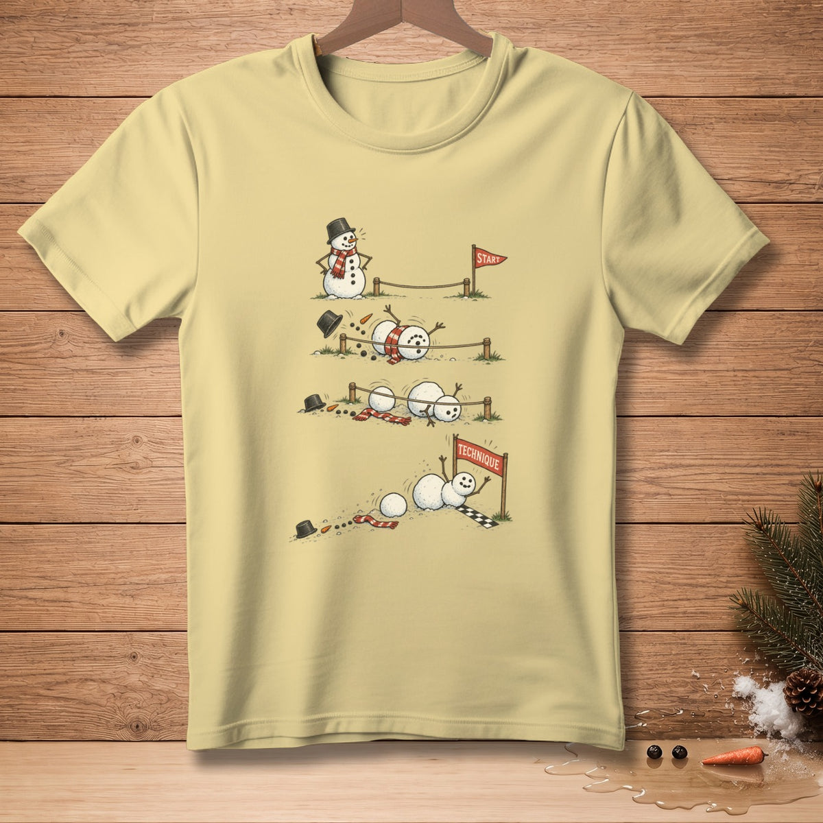 T-shirt graphic shows snowmen struggling in a race with "START" and "TECHNIQUE" signs.
