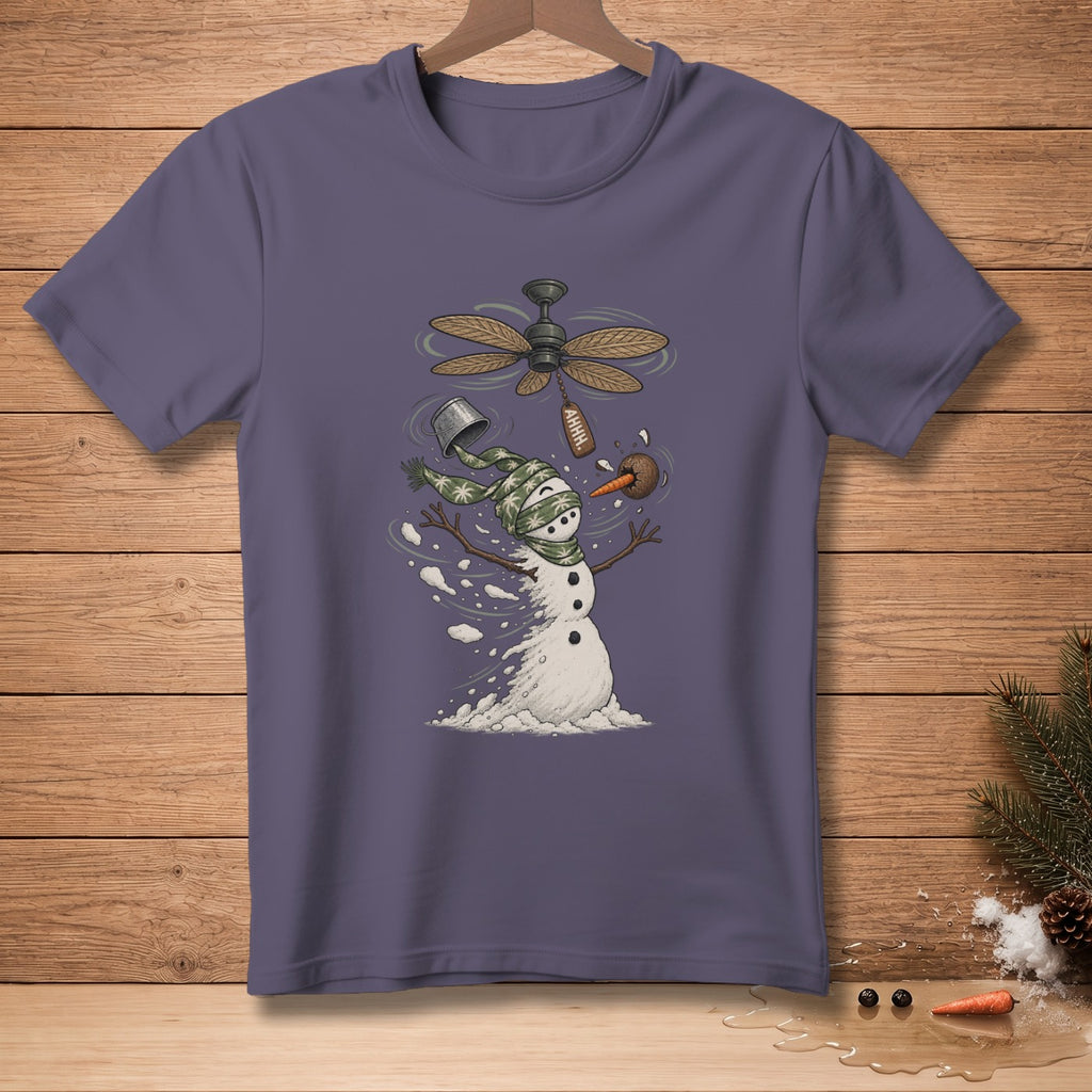 Snowman with a fan, scarf, and a "AHHH" tag on a purple t-shirt.