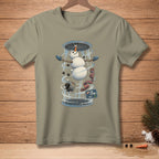 Snowman with scarf and bucket caught in a vortex, "I'm Flying" sign.