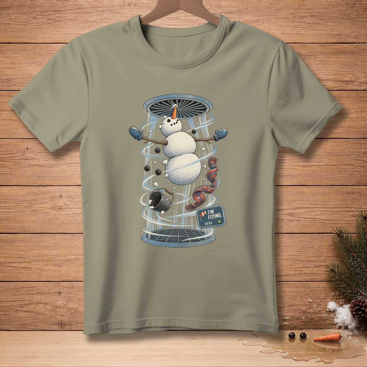 Snowman with scarf and bucket caught in a vortex, "I'm Flying" sign.