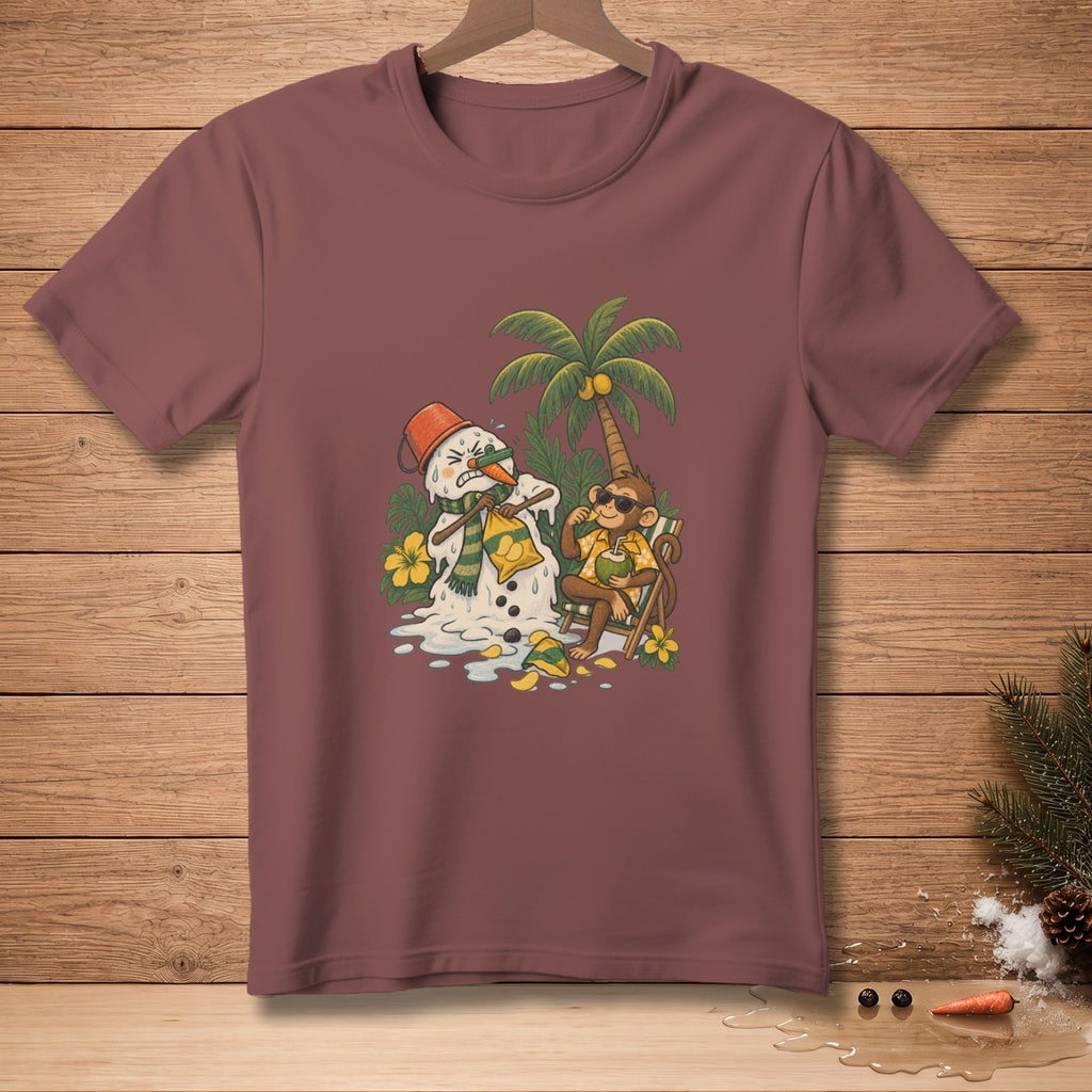 Melting snowman and monkey on beach chair with coconut drink, on maroon t-shirt.