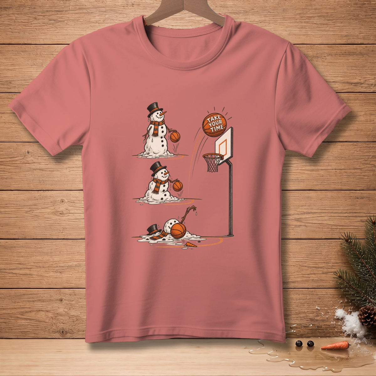 Three melting snowmen play basketball with text "Take Your Time."