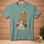 T-shirt graphic of a sad snowman melting under a stack of pancakes labeled "Light Breakfast."