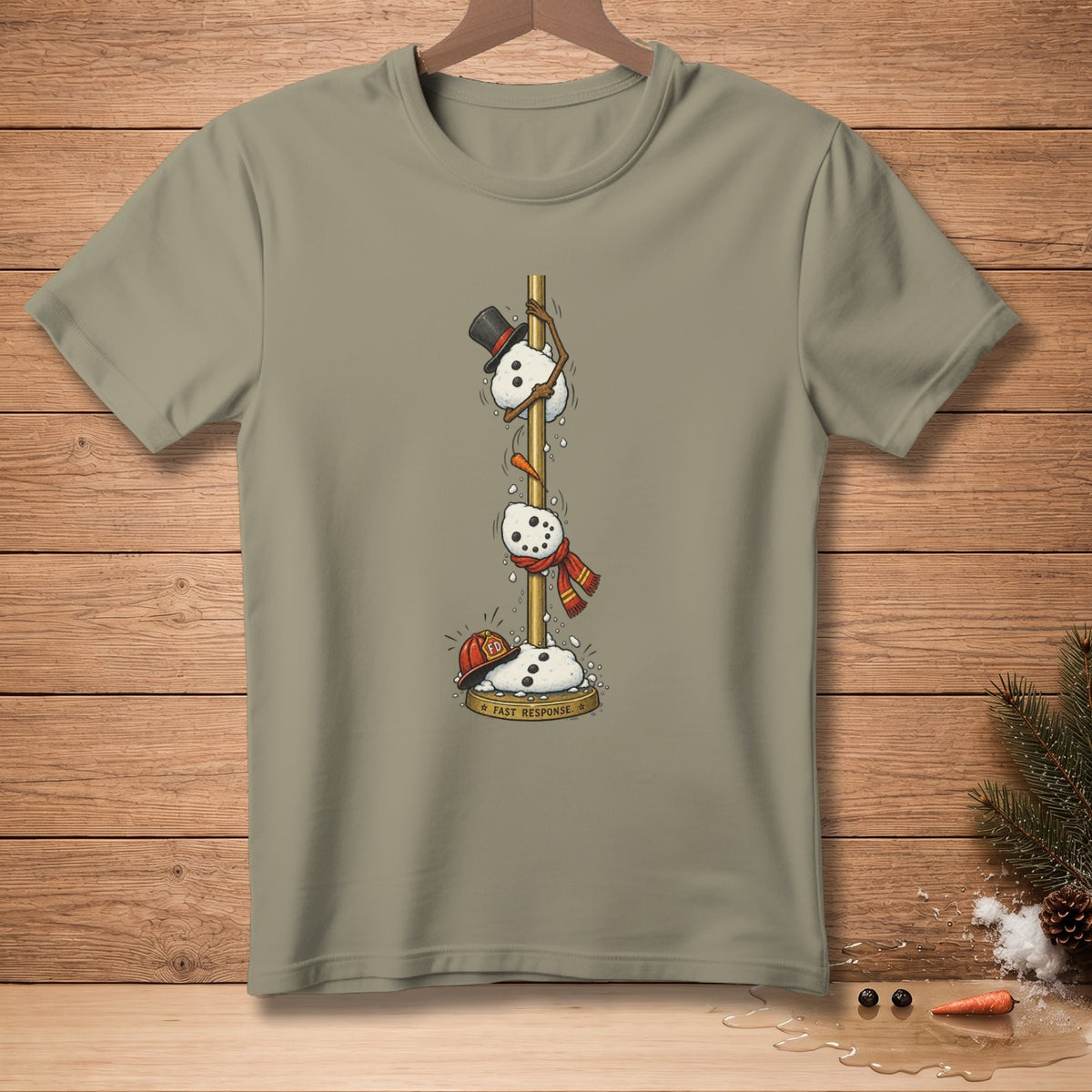 T-shirt graphic of snowmen climbing a pole with text "FAST RESPONSE"