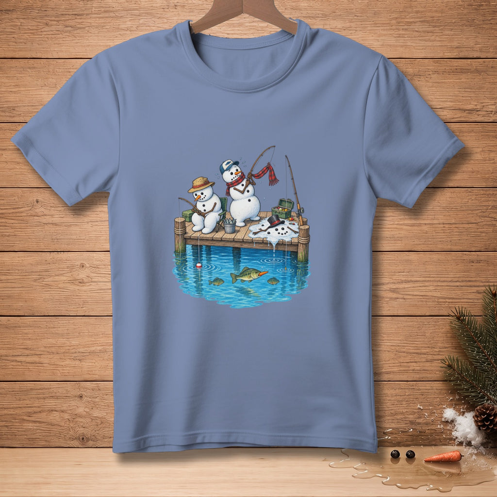 Two snowmen fishing on a pier with fish in the water below.
