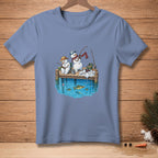 Two snowmen fishing on a pier with fish in the water below.