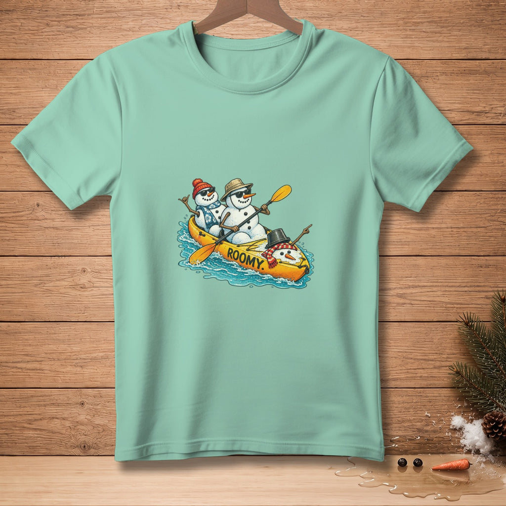 Three snowmen in a yellow kayak, one paddling, with "ROOMY." text.