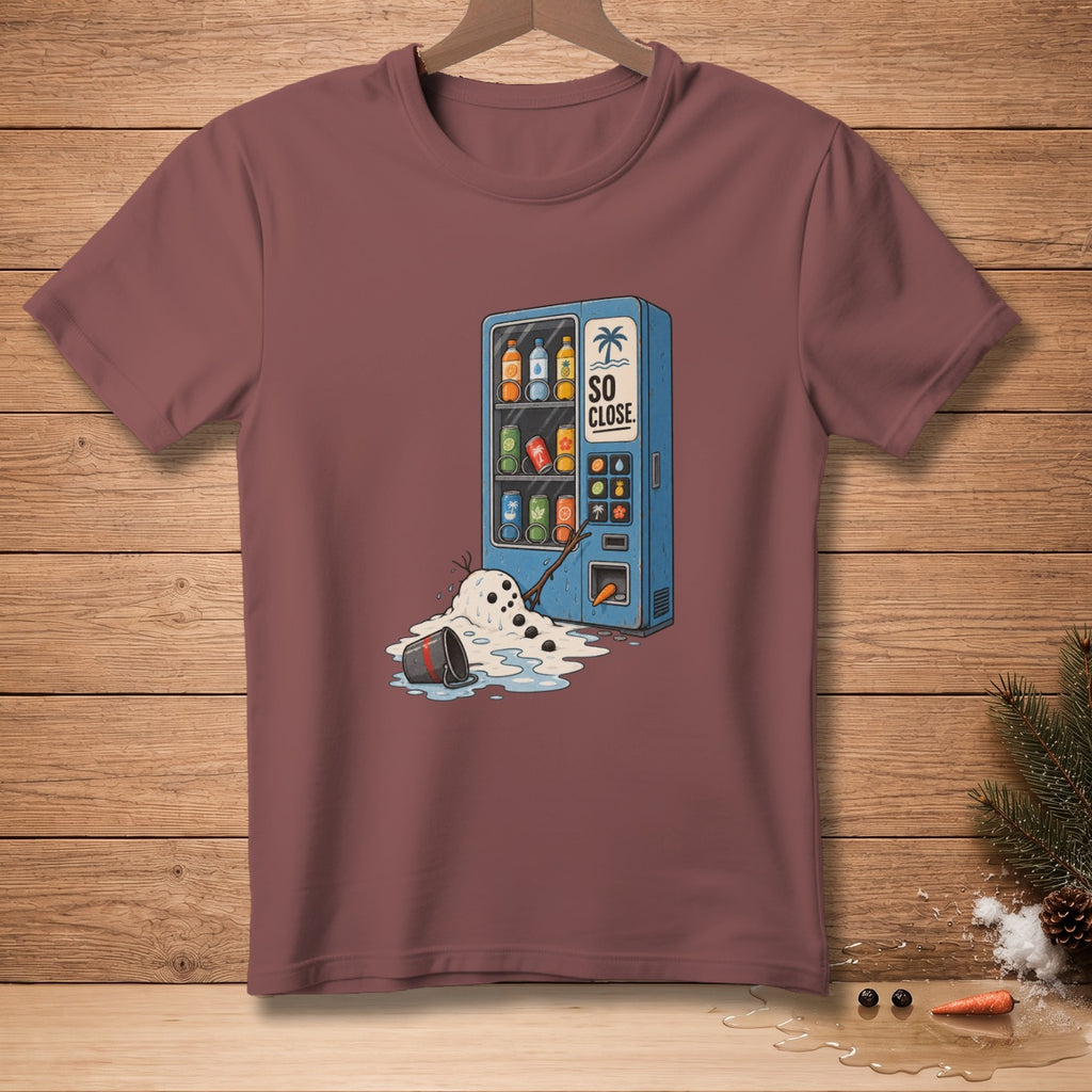 Illustration of a melting snowman next to a vending machine with text "SO CLOSE".