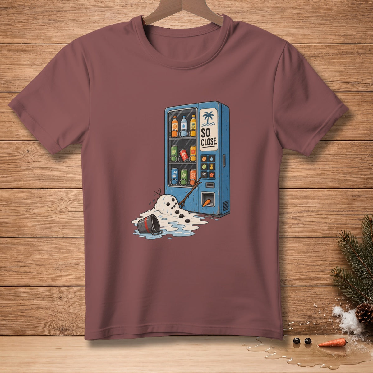 Illustration of a melting snowman next to a vending machine with text "SO CLOSE".