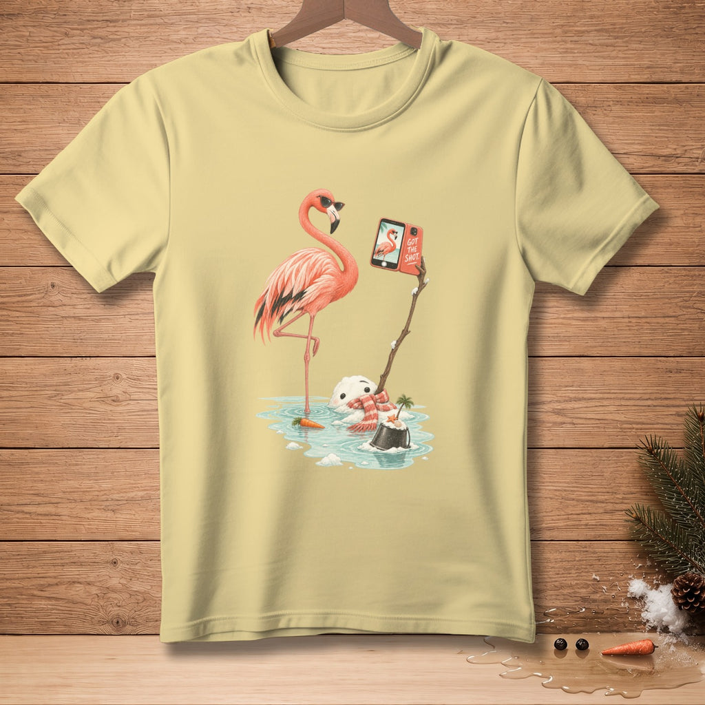 Flamingo taking selfie with melting snowman on a stick, phone says "Got the Shot".