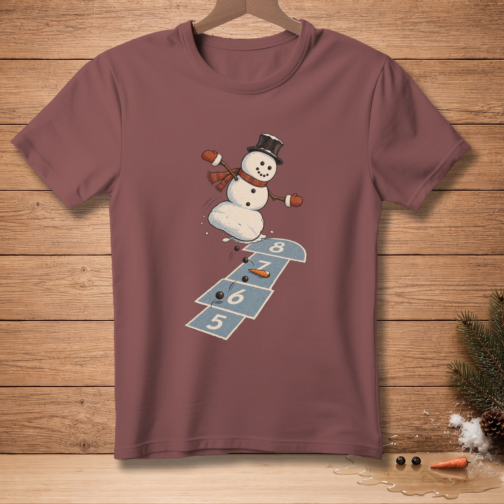 Snowman playing hopscotch, landing on box 8.
