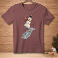 Snowman playing hopscotch, landing on box 8.