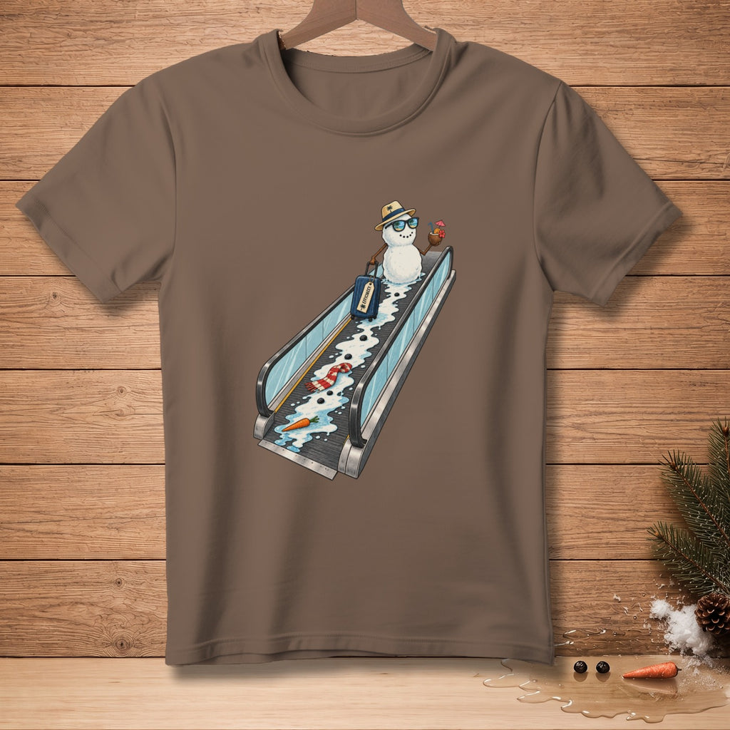 Snowman on escalator with suitcase, holding a tropical drink, wearing sunglasses and hat.