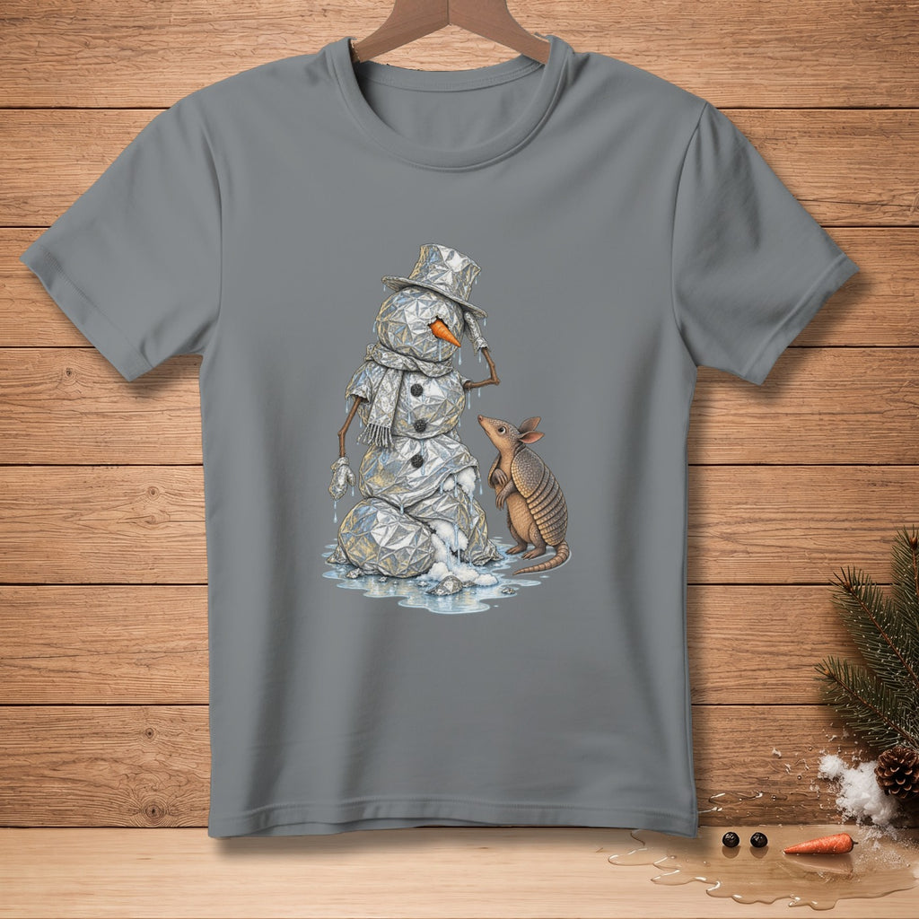 T-shirt graphic of a melting faceted snowman with an armadillo.
