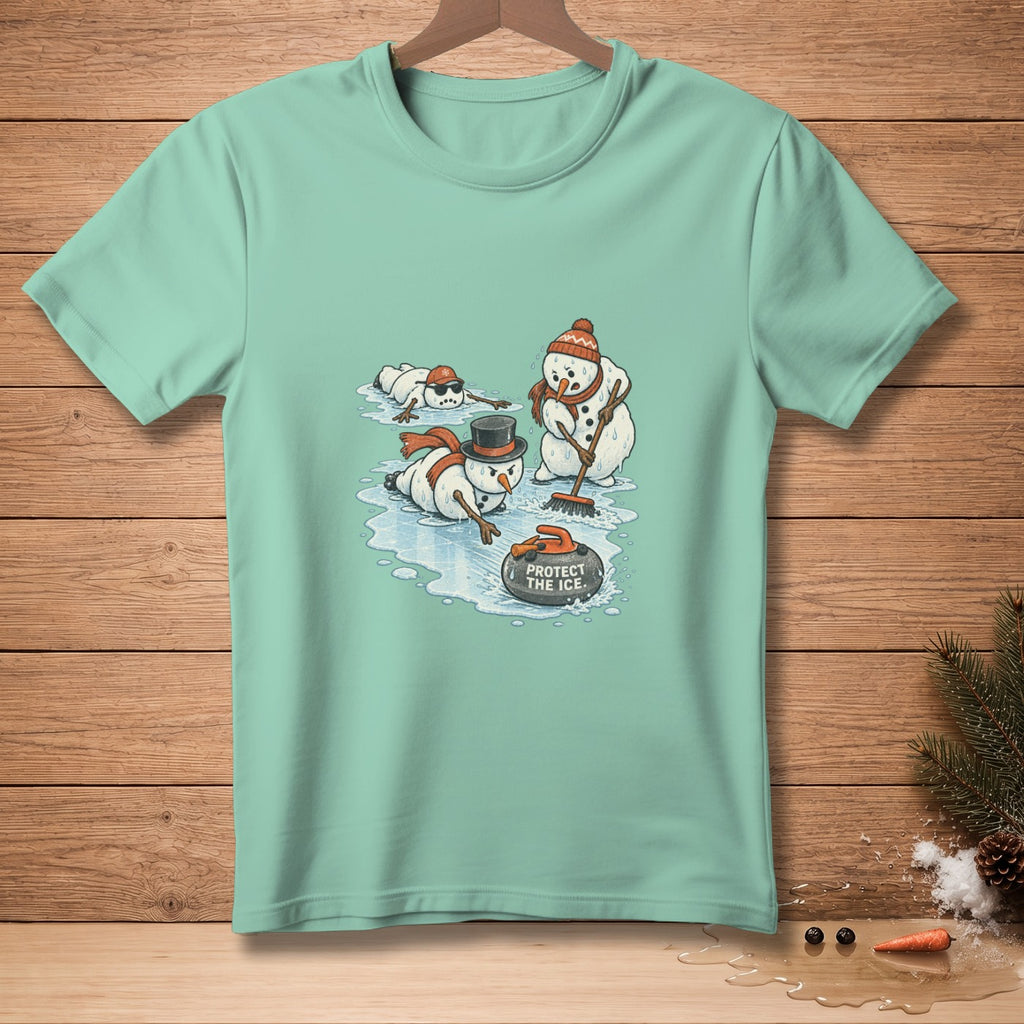 Snowmen play curling and melt on ice, one reads "Protect the Ice."