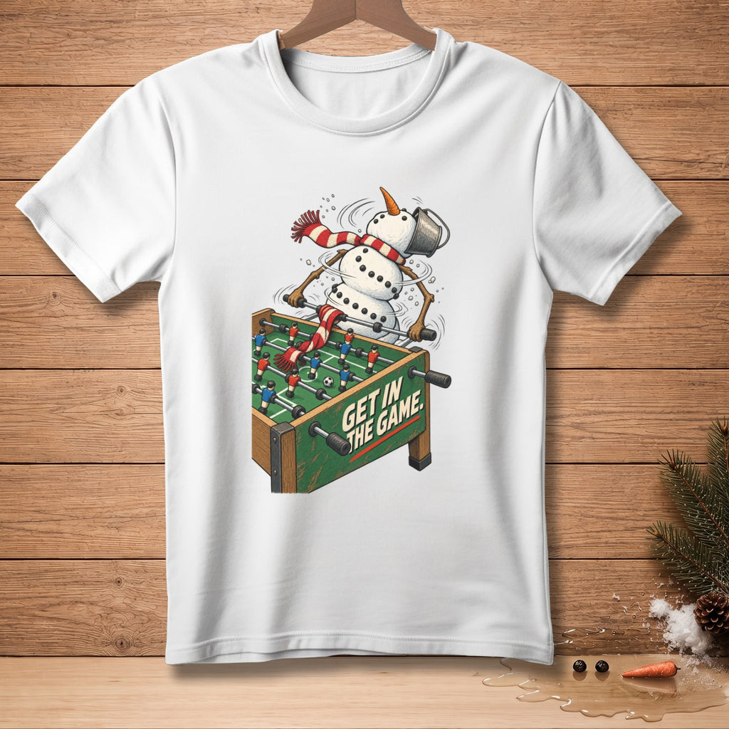Snowman playing foosball with "Get In The Game" text.
