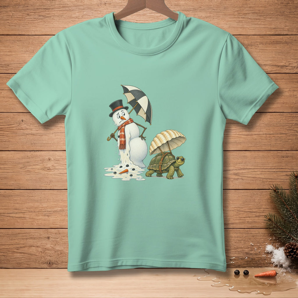 Melting snowman with umbrella and turtle under its own umbrella.