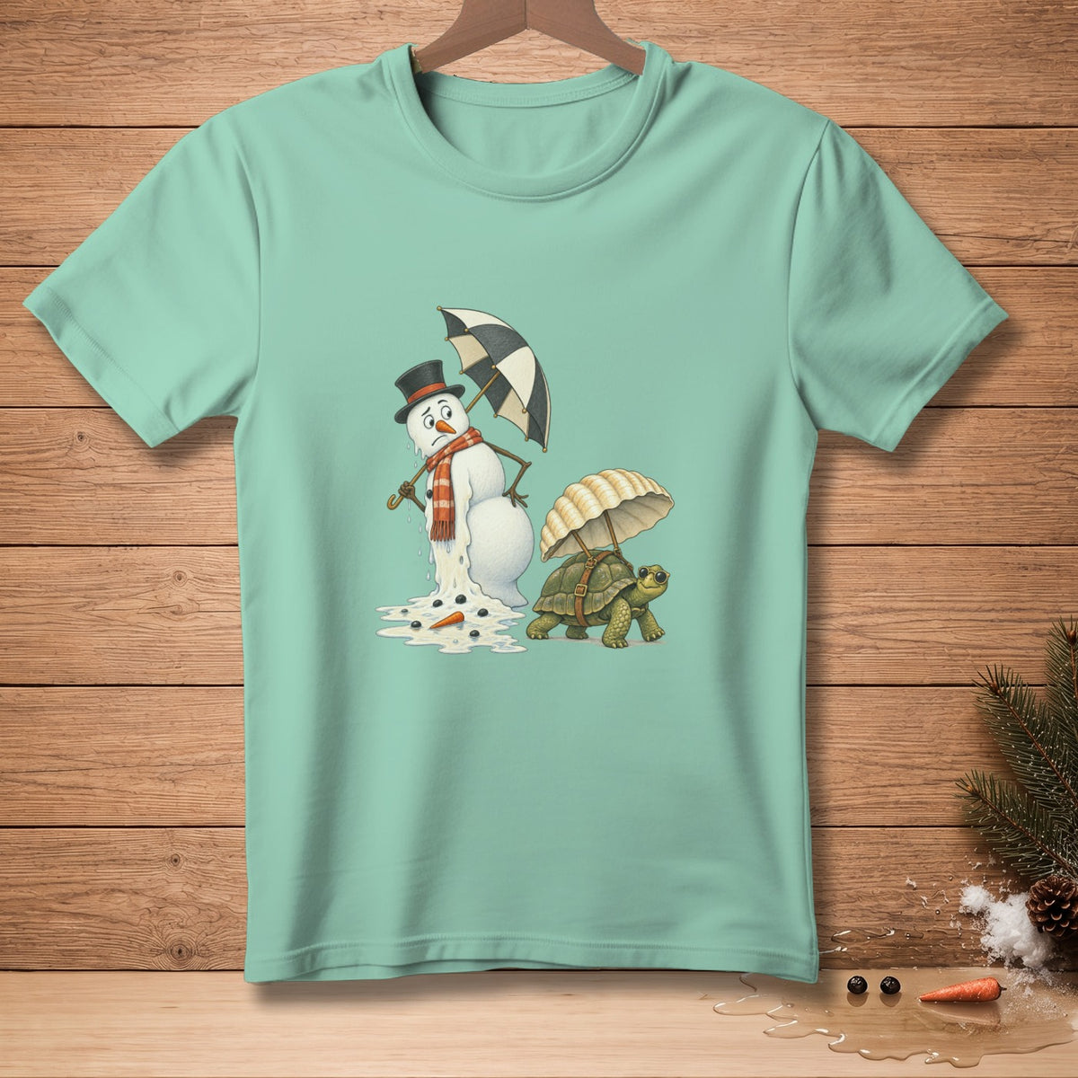 Melting snowman with umbrella and turtle under its own umbrella.
