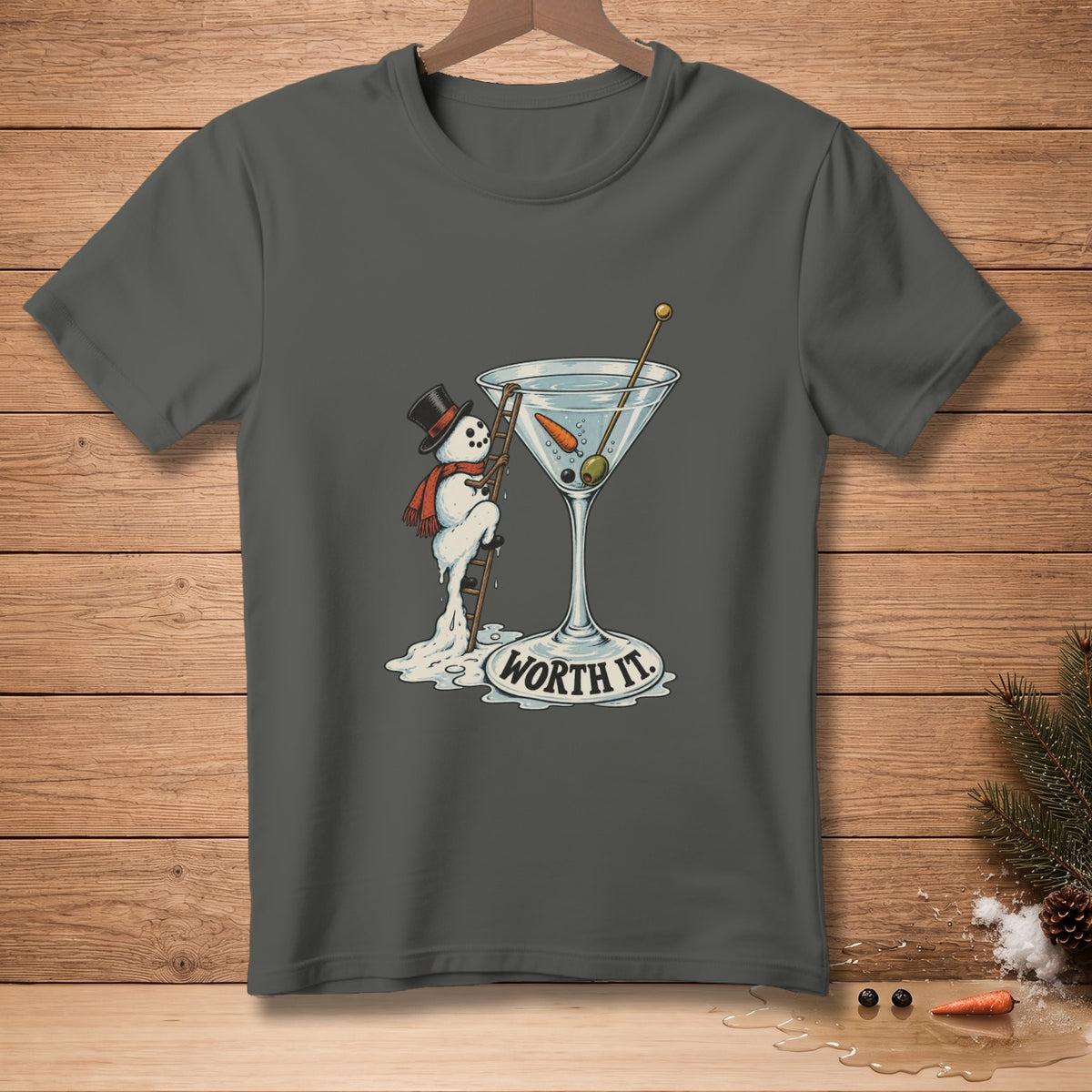 Snowman climbing ladder into martini glass with text "Worth It."