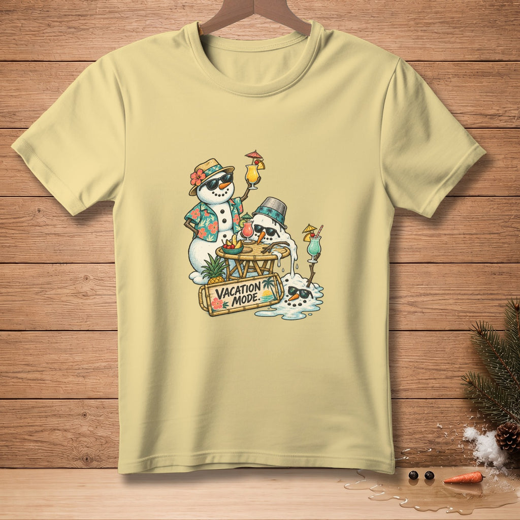 Light yellow t-shirt with melting snowmen in Hawaiian shirts and sunglasses, holding cocktails.