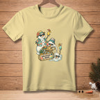Light yellow t-shirt with melting snowmen in Hawaiian shirts and sunglasses, holding cocktails.