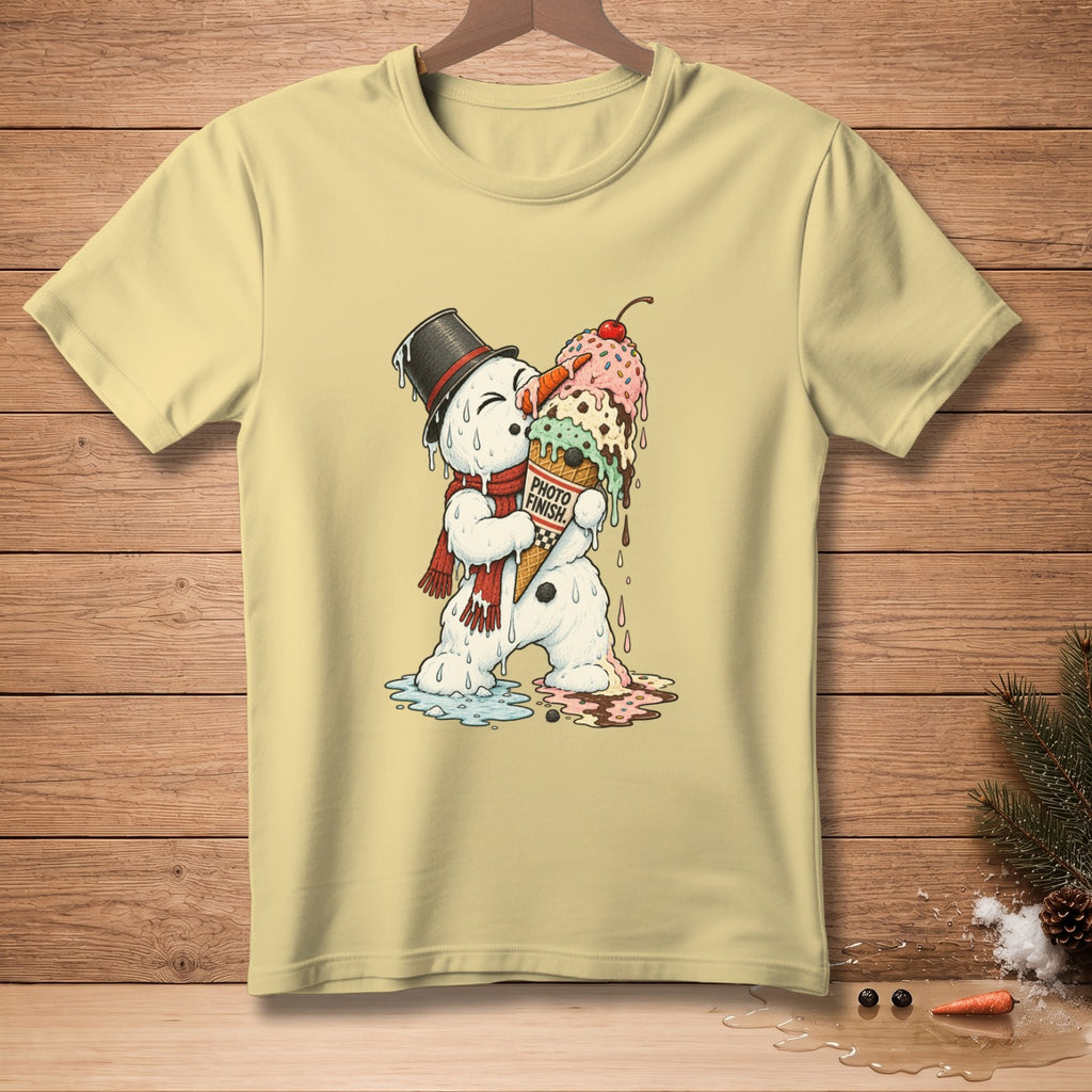 Melting snowman in a top hat holding melting ice cream cone with "PHOTO FINISH" text.