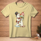 Melting snowman in a top hat holding melting ice cream cone with "PHOTO FINISH" text.