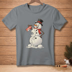 Melting snowman in a top hat spraying whipped cream from a can labeled SEAMLESS.