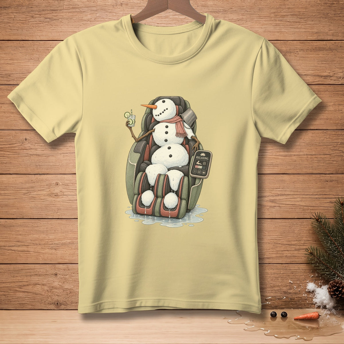 Snowman in a massage chair with a drink and a "Relaxing" sign.