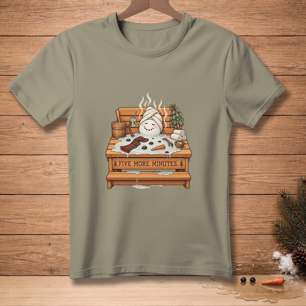 Cartoon snowman in a spa with text "FIVE MORE MINUTES."