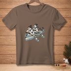 Snowmen rowing a boat with "PULL!" text on the oars.