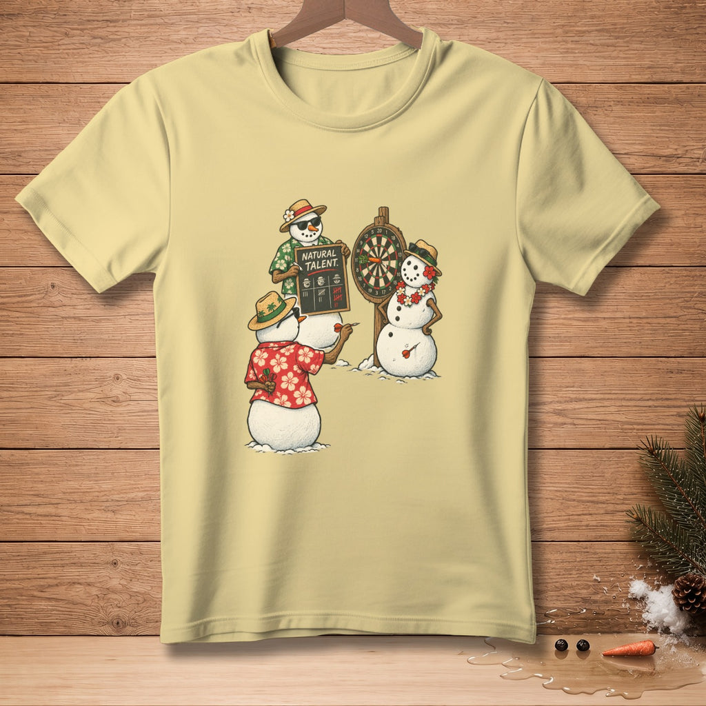 Three snowmen play darts, one holds a sign that reads "Natural Talent."