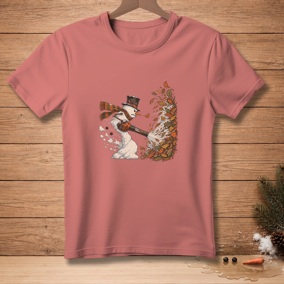 Snowman with top hat and scarf blowing leaves with a leaf blower.